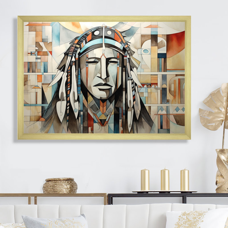 Impression sur toile Native Cherestic Cherokee, Cadre doré simple, H 34 po x l 44 po x P 1,5 po