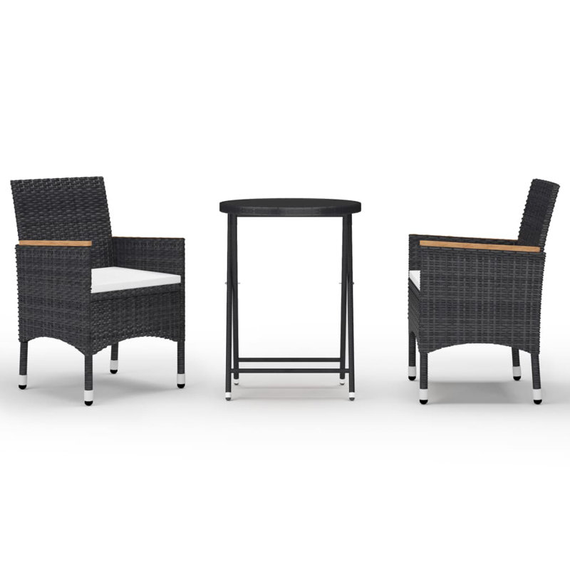 Ensemble bistro 3 pièces en rotin et verre trempé, Cadre noir / coussin crème