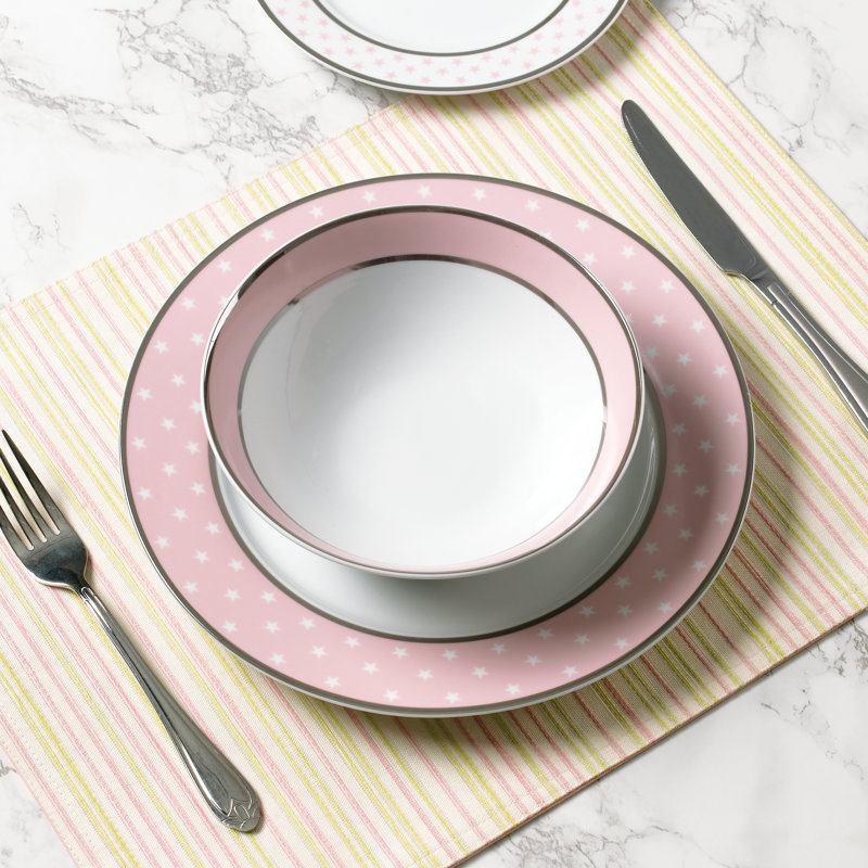 Waterside 12pc Star Porcelain Dinner Set with Platinum Rim, Pink