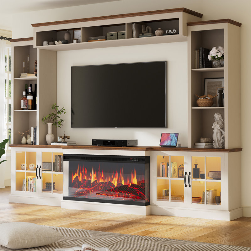 98" Tv Stand With Electric Fireplace, Large Entertainment Center For 70" Tvs, Tv Console With Charging Station, Cable Holes, Adjustable Shelves & Glass Doors