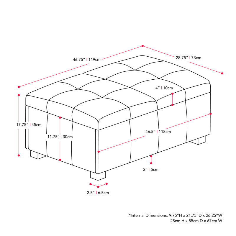Repose-pieds de rangement rectangulaire capitonné de 47 po de large Betiel, Polyester gris clair