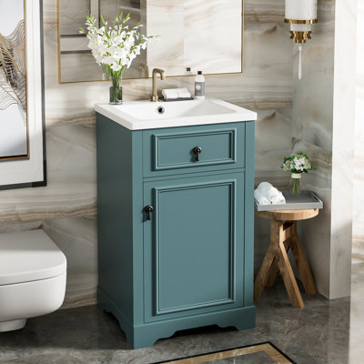 Meuble-lavabo de 20 pouces pour les petites salles de bain: structure en bois massif, lavabo en céramique et poignée en alliage d'aluminium avec charnières à fermeture douce et silencieuse, utilisation quotidienne avec rangement intelligent