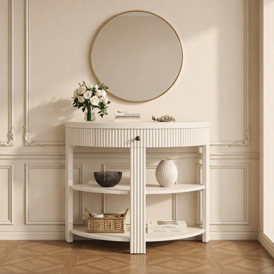 Console demi-ronde en bois massif cannelé avec tiroir et 2 tablettes