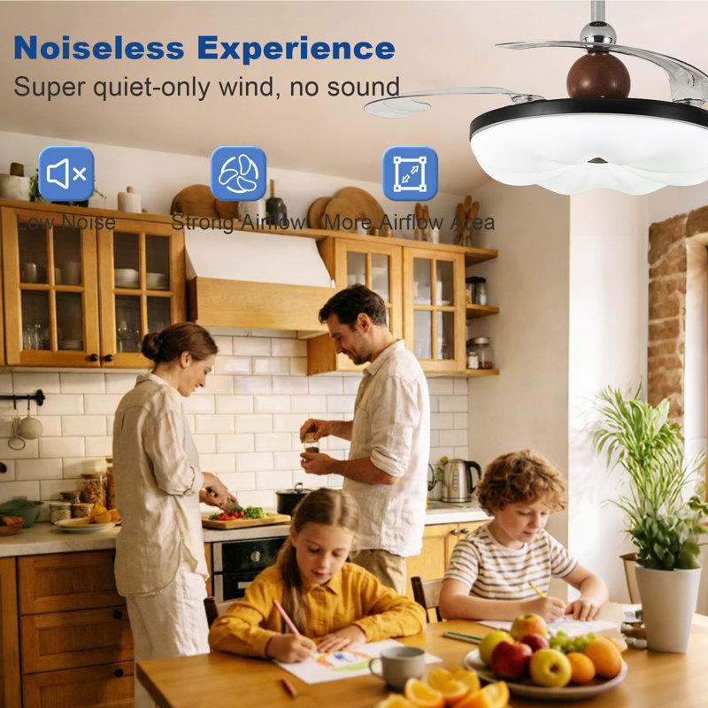42 inch Downrod Retractable Invisible Ceiling Fan with Light,Remote Control,6-Speed,Reversible Airflow,Dimmable Lighting,Height-Adjustable for Living Room