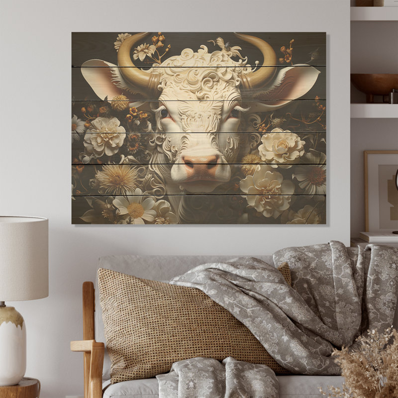 Baroque Cattle Portrait - Cow Wood Wall Art On Natural Pine Wood, 24" H x 32" W