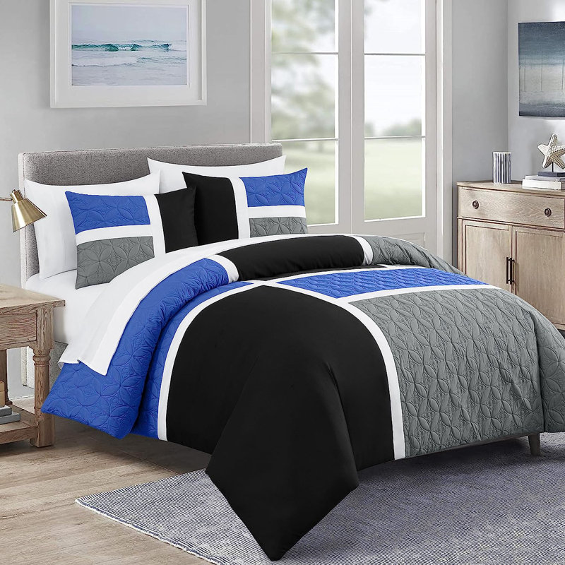 7-Piece Patchwork Bed in a Bag Comforter Set with Sheets, Queen Comforter + 6 Additional Pieces, Blue/Black/Gray