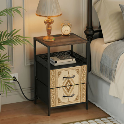 Table de chevet 2 tiroirs avec station de charge, table de chevet pour chambre avec ports USB et amp; Outlets, tablette ouverte noire, table de chevet avec ornements amérindiens tribaux Navajo