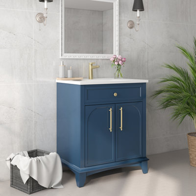 Meuble-lavabo de salle de bain 70,6 cm (27,8 po), tiroirs de rangement, design vintage, bois massif, meuble-lavabo autoportant 47,5 cm (18,7 po) l x 70,6 cm (27,8 po) p x 86,4 cm (34 po) h, rangement haut de gamme avec tiroirs, surface peinte, lavabo en céramique intégré.