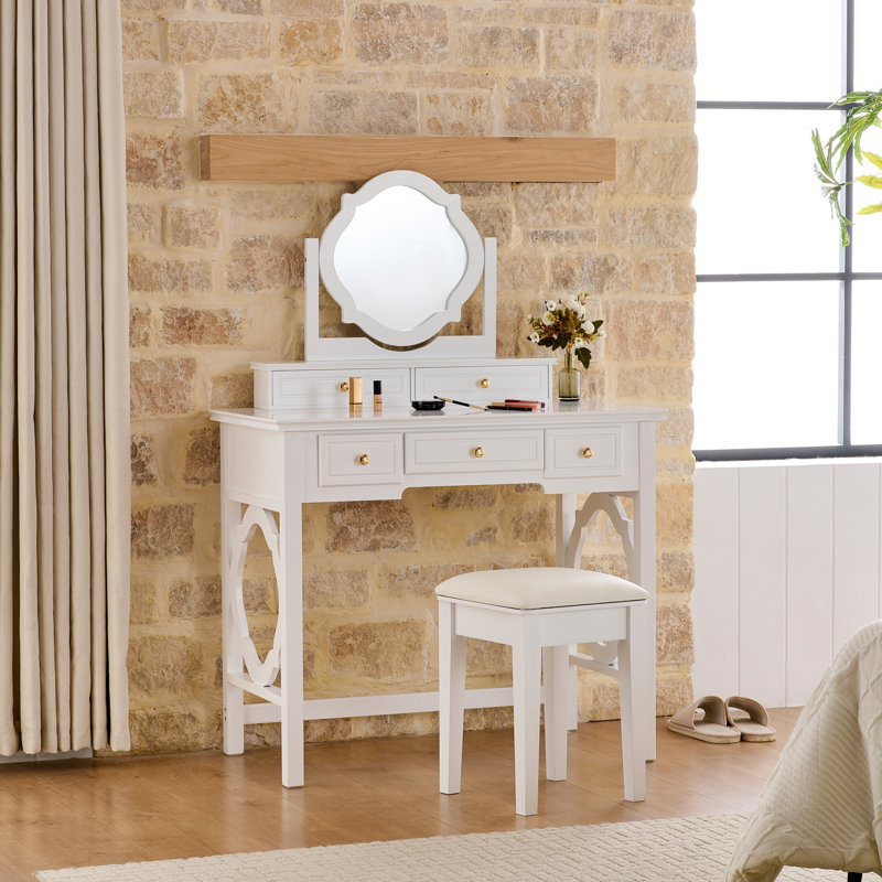 Coiffeuse de maquillage blanche avec miroir réversible, moulure élégante sur le miroir et les pieds, 5 tiroirs pour le rangement organisé, accessoires de tabouret,