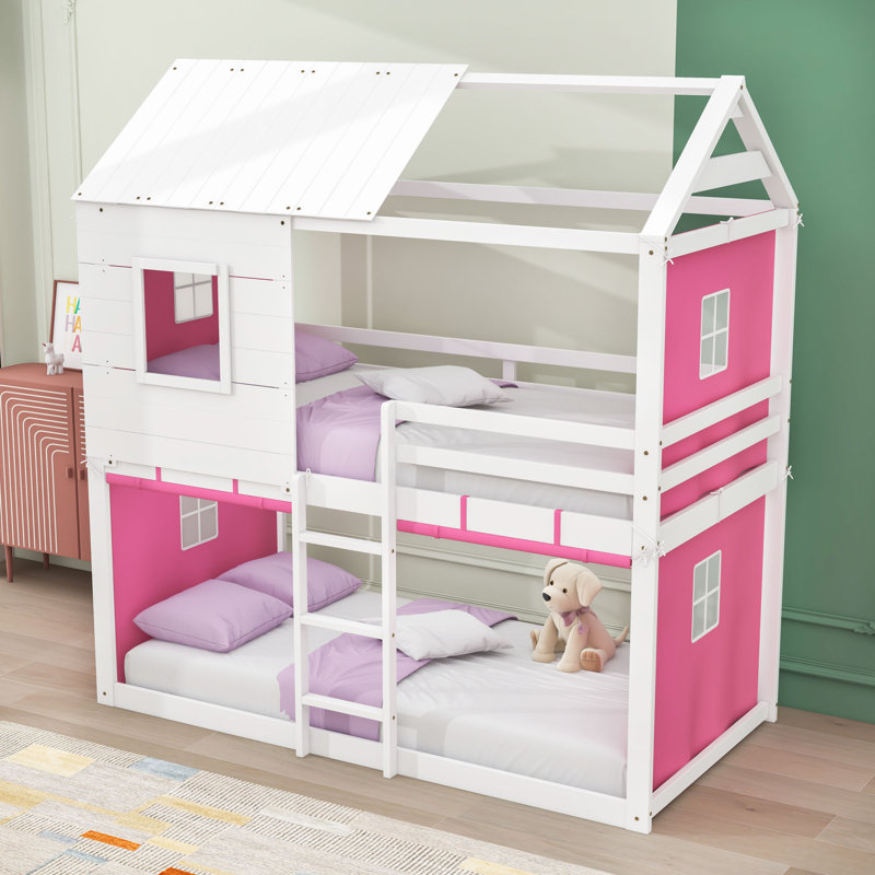 Wood Playhouse Tent Bed Frame With Roof, Simple sur simple, Rose / blanc