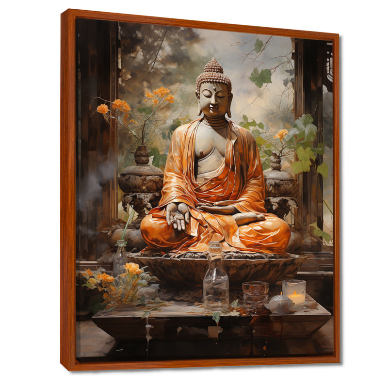 Art bouddhiste orange et gris, Bouddha, art mural, H 44 po x l 34 po x P 1,5 po, Cadre flottant brun
