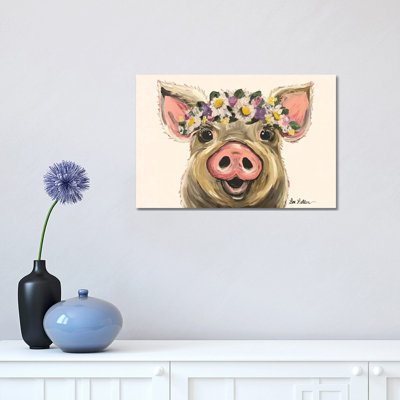 Pig with Flower Crown on Blush 1 Piece Wrapped Canvas Painting