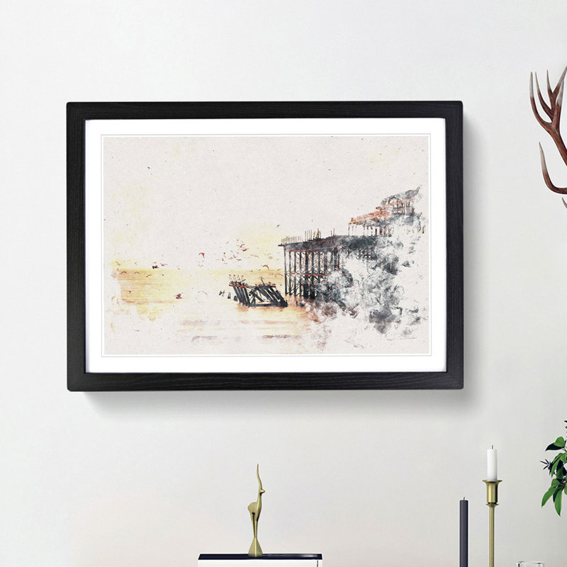 The West Pier on Brighton Beach - Picture Frame Painting Print, Black Framed, 24cm H x 33cm W x 2cm D