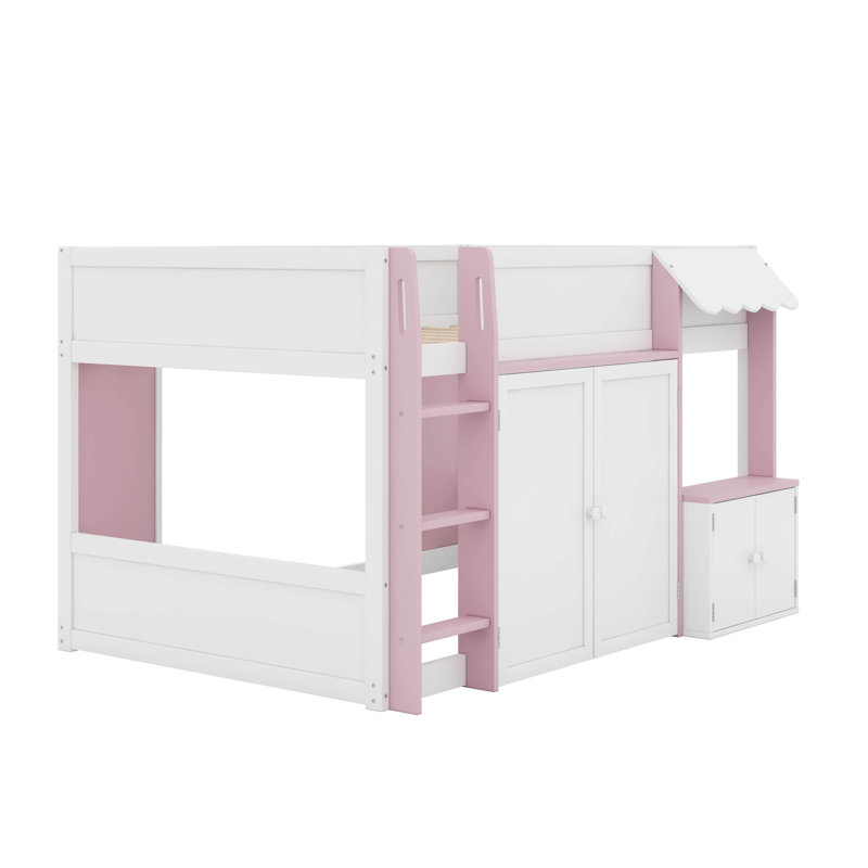 Lit mezzanine double avec rangement, porte et fenêtre, structure de lit en bois avec rangement, Blanc / Rose