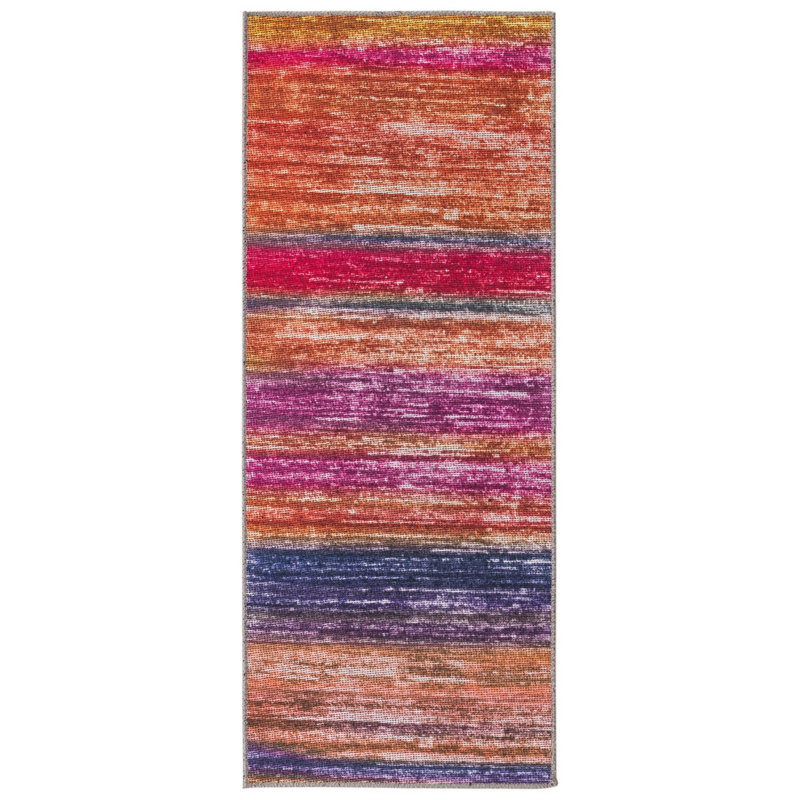 Tapis rose / bleu / jaune en chenille tissé à la machine Ikhasa, Tapis de couloir 2 pi x 5 pi