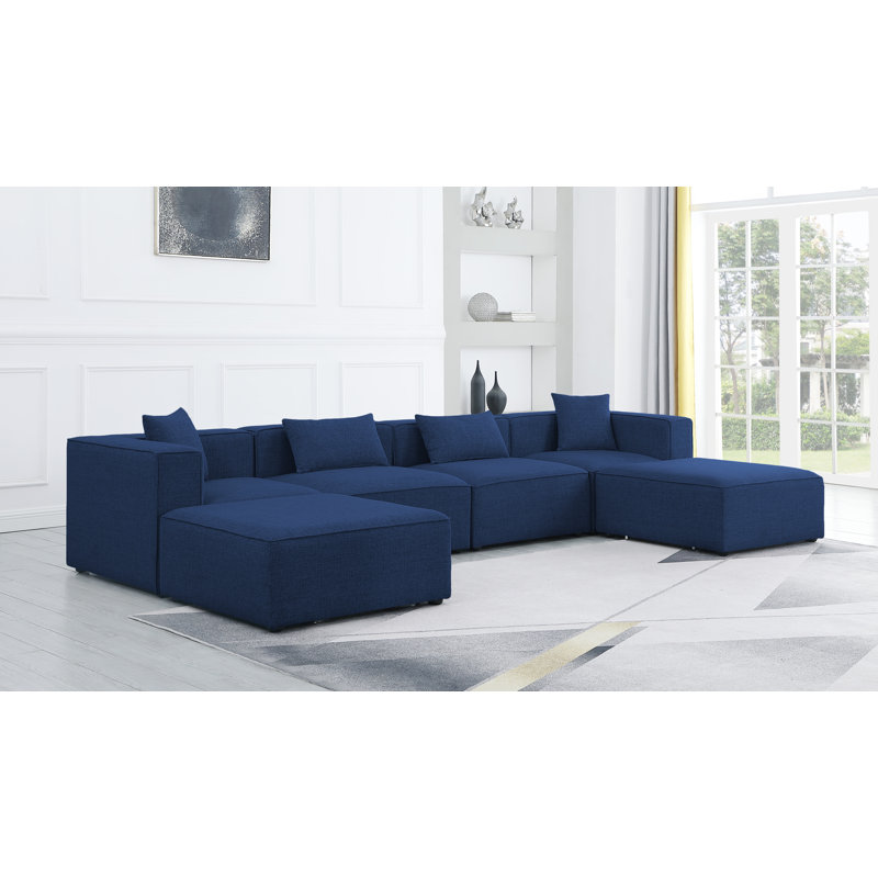 Cube Upholstered U-Shaped Sectional Reversible, Navy Linen Textured Fabric