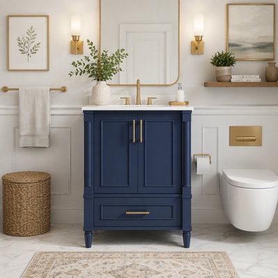 Meuble-lavabo moderne de 24 po avec motif orné et charnières à fermeture en douceur, armoire de salle de bain avec tiroir et structure ouverte au dos, pieds cylindriques français sculptés