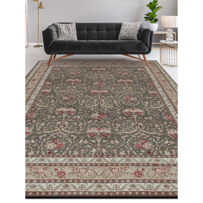 Tapis vert olive et doré noué à la main de haute qualité