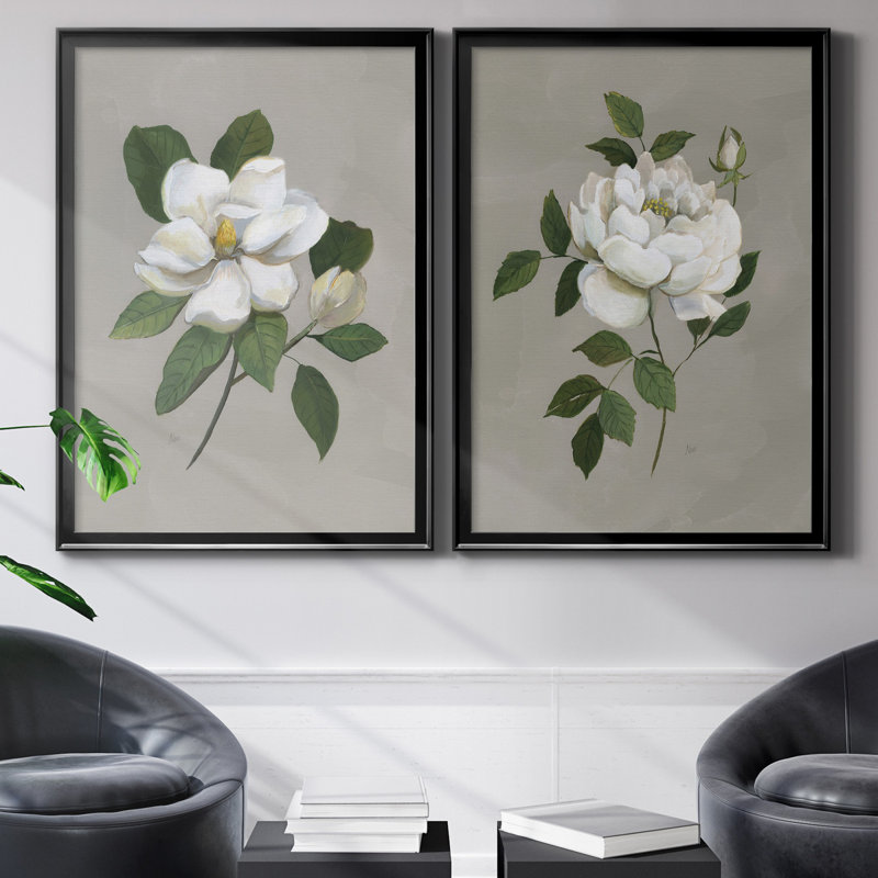 Magnolia botanique - ensemble de 2 reproductions d'art, Pas de tapis, Toile avec cadre noir, H 30,5 po x l 42,5 po x P 3 po