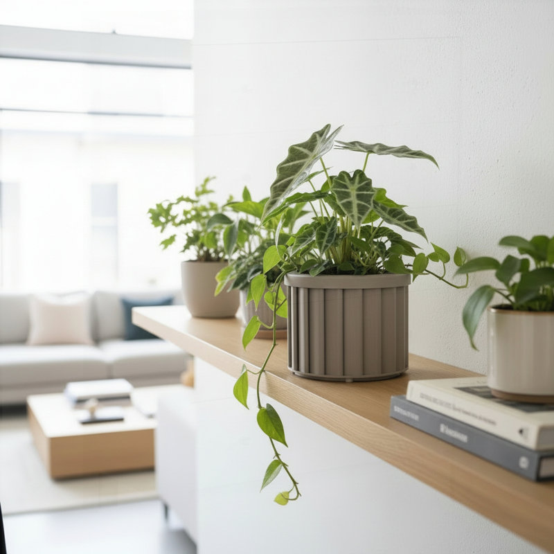 Round Strata Planter MD - Grey Brown, Lightweight Aluminum with Drainage and Water Retention Tray, Brown Grey