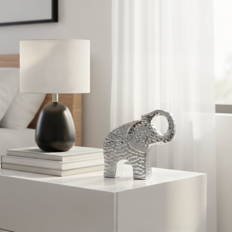 Ancier Hammered Ceramic Silver Elephant Statue, 6.5" H x 7" W x 2.25" D