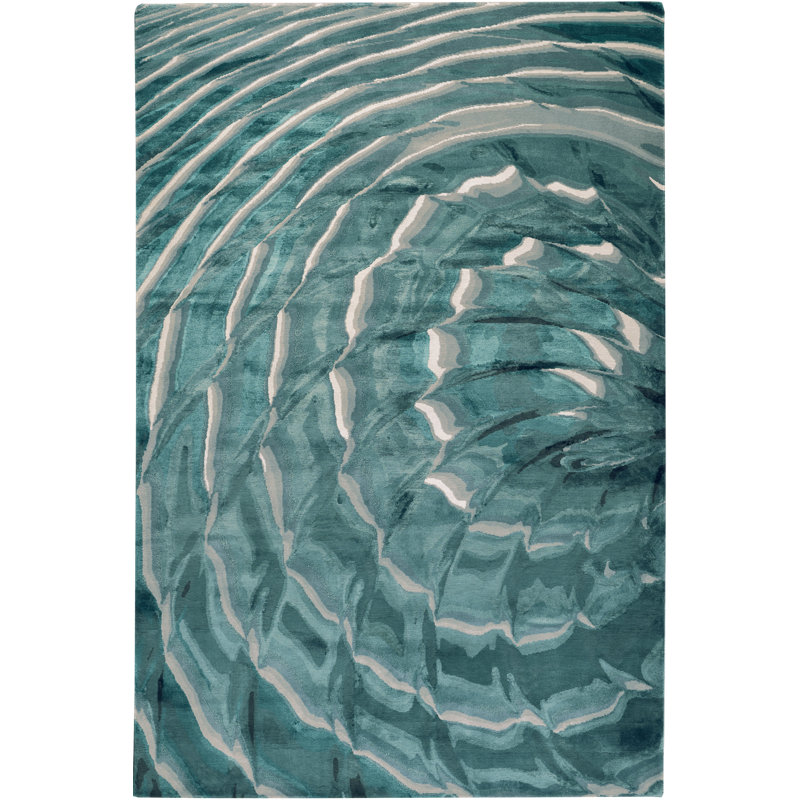 River Hand Knotted Wool/Silk Abstract Area Rug in Teal/Gray/Ivory by Chihuly, Rectangle 4' x 6'