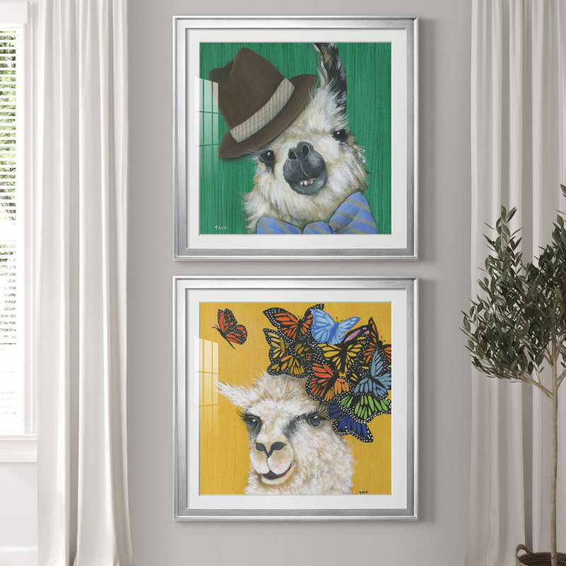 Llama Gentleman - ensemble de 2 reproductions d'art graphique, Papier avec cadre argenté, Blanc
