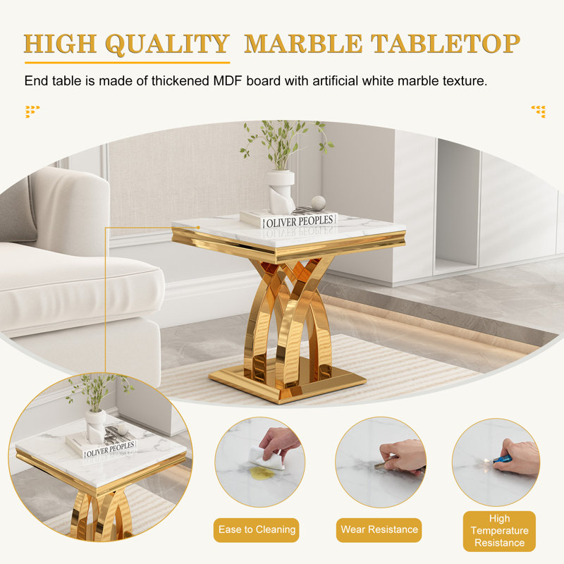 Table d'appoint carrée avec base en X double miroir, Or