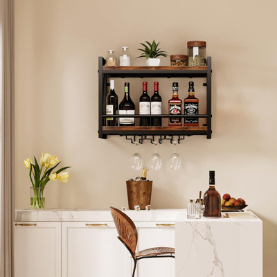 Support à vin mural avec porte-verre - étagère de présentation en bois et en métal pour bouteilles de vin - solution de rangement peu encombrante pour la cuisine, la salle à manger et le bar