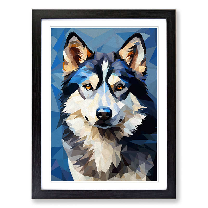 Husky Cubism - Single Picture Frame Print on Wood, 46cm H x 34cm W x 2cm D, Black