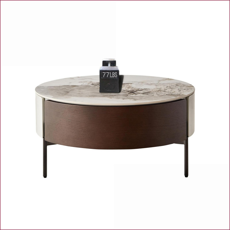 Modern White Round Coffee Table with Sintered Stone Top &amp; Oversized Drawers, Easy-Clean for Living Room