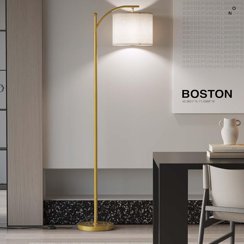 Modern Arc Floor Lamp With Adjustable Hanging Shade And 3 Color Led Bulb - Gold