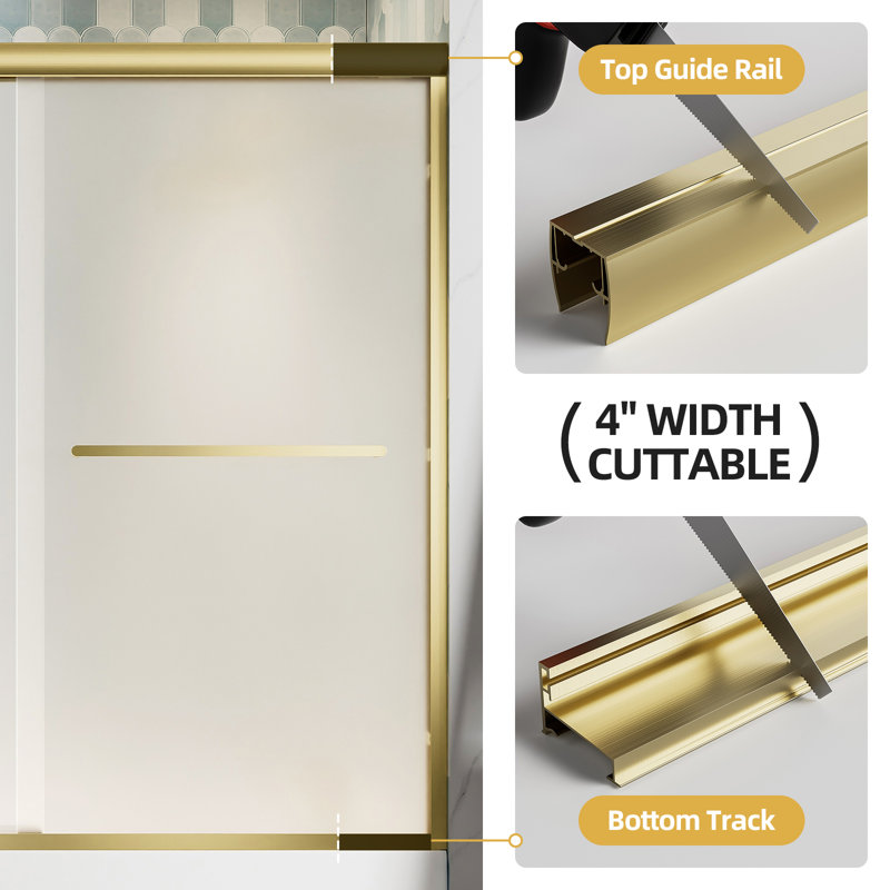 Poignée de porte de baignoire en verre trempé à double cadre 60 po x 58 po en aluminium trempé 60 po x 58 po, or