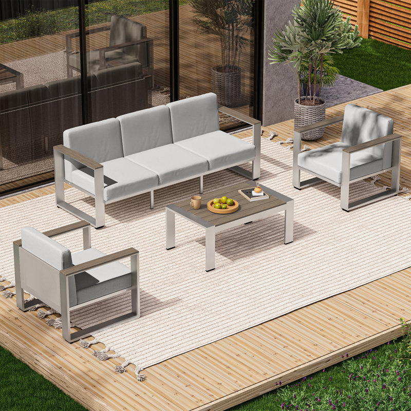 Ensemble de conversation extérieur 4 pièces, Gris clair, 4 pièces: table, 2 chaises, canapé, Bois gris / argent
