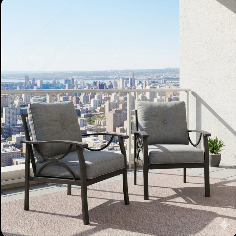 Ensemble de 2 fauteuils en métal toutes saisons, structure kaki avec coussins gris, Coussin gris / cadre brun