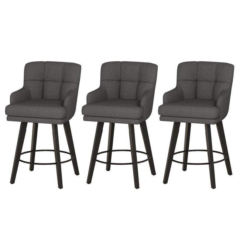 26''H Upholstered 360°Swivel Counter Height Bar Stools, Wood Legs Kitchen Island Chairs, Black Gray Seat/ Black Frame, 3