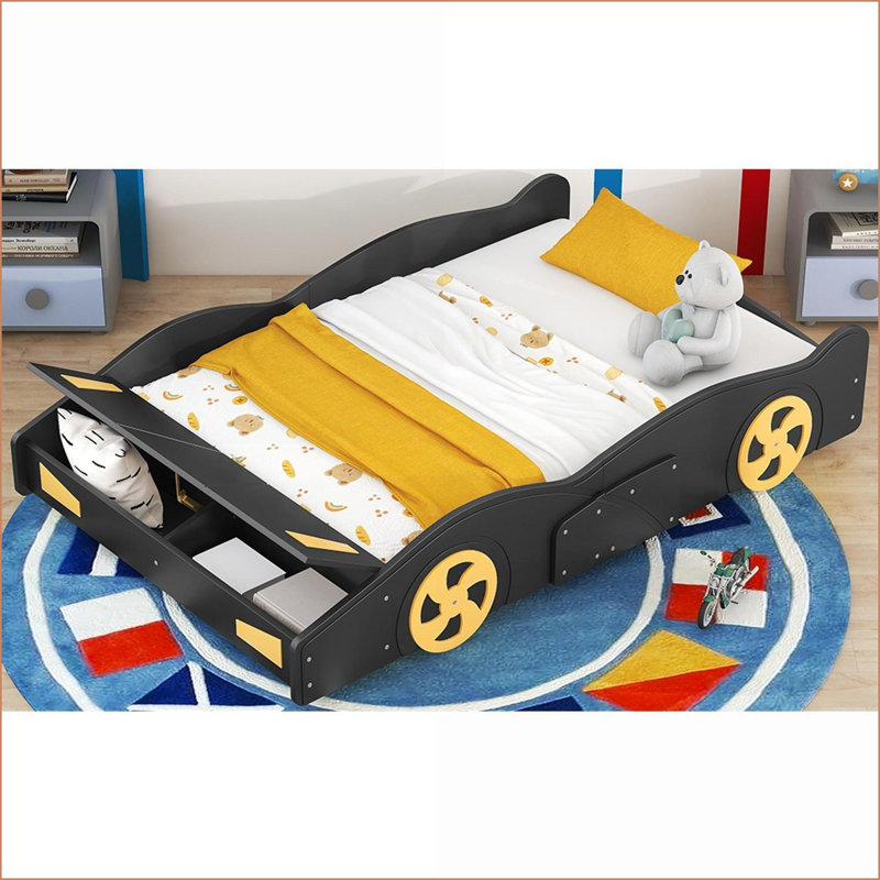 Bois de pin pleine grandeur Lit plateforme en panneau de fibres à densité moyenne avec rangement, aucun sommier requis, conception de voiture de course noire et jaune pour la chambre à coucher