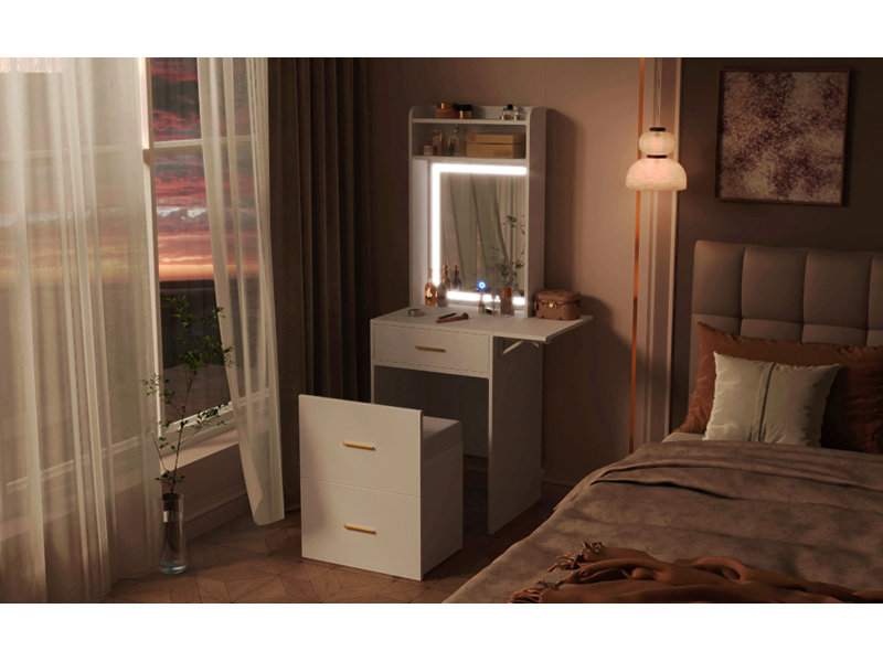 Petit meuble-lavabo avec miroir et lumière, coiffeuse avec station de charge et panneau rabattable pour petit espace, ensemble de coiffeuse compacte avec tabouret caché pour la chambre à coucher, blanc