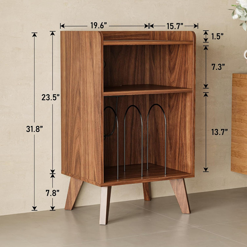 Mid-Century Record Player Stand with Charging Station, 3-Tier Turntable End Table for Vinyl Storage