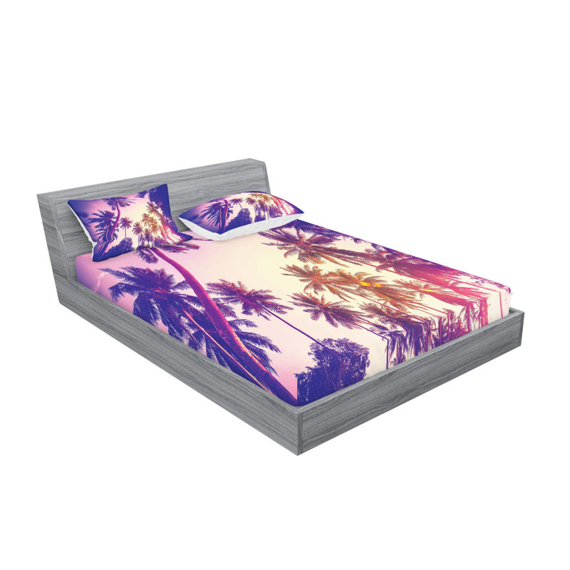 Ambesonne Palm Tree Fitted Sheet & Pillow Sham , Multicolor, Calking Fitted Sheet Set + 4 Pillow Cases