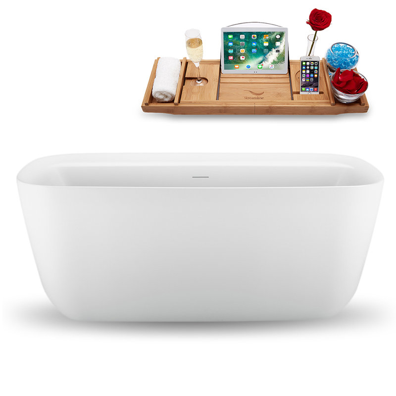 Baignoire de trempage autoportante 59 "avec drain et plateau en bambou 59" Streamline, Noir mat