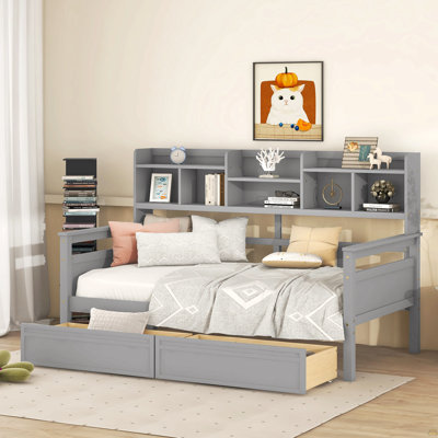 Lit de jour simple, support en lattes de bois, avec tablettes de chevet et deux tiroirs