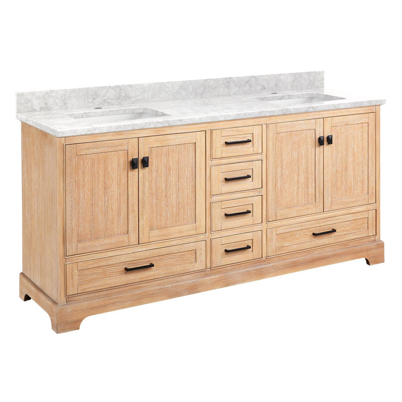 Quen 72" Freestanding Double Basin Vanity Set with Cabinet, Vanity Tops, Driftwood Brown, Single-Hole, Carrara Marble