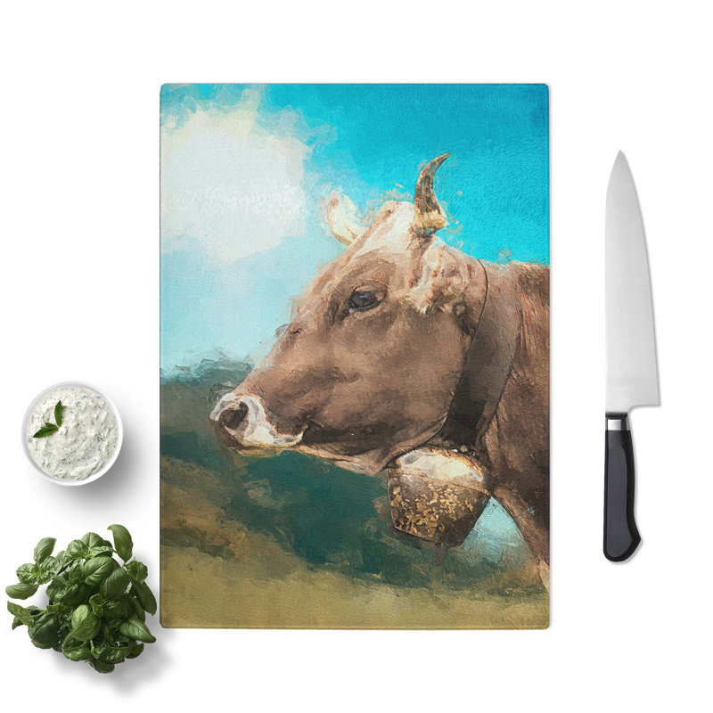 Tempered Glass Alpine Cow in the Summertime Chopping Board, 28.5 cm W x 39 cm L