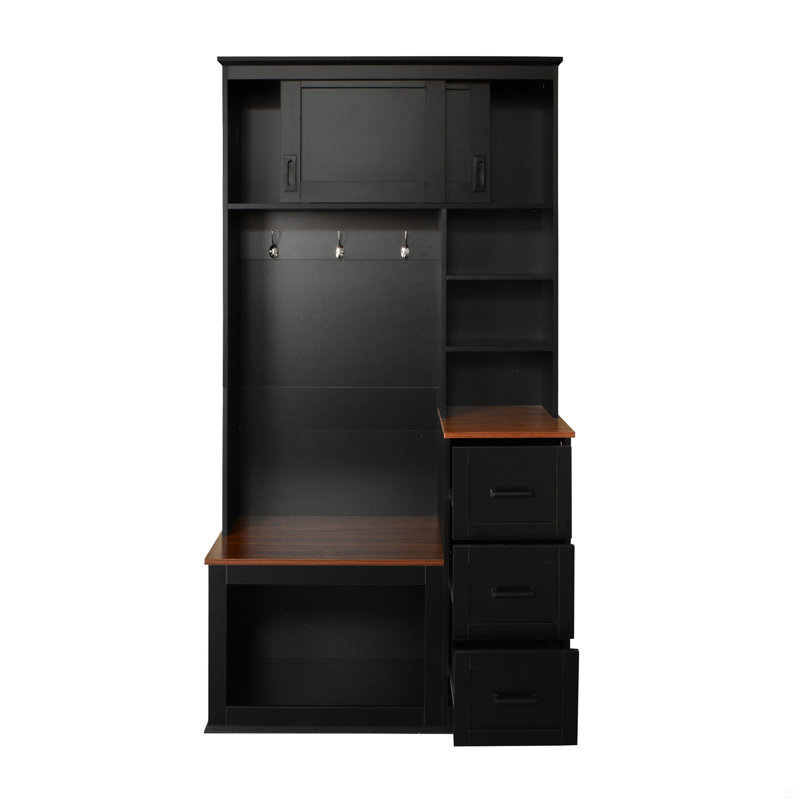 Entryway Bench With Coat Rack, 3 Shelves And Drawers, 3 Sturdy Hooks, 40.2'' Wide Hall Tree With Storage Bench, Black