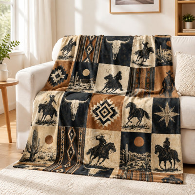 1Pcs Western Cowboy Blanket - Southwestern Patchwork Design;Features Horses, Bulls, and Desert SceneryIdeal for Living Room, Bedroom, CouchCozy DecorativePerfect Outdoor Camping TravelA Unique Gift Idea. Bedding sofa item