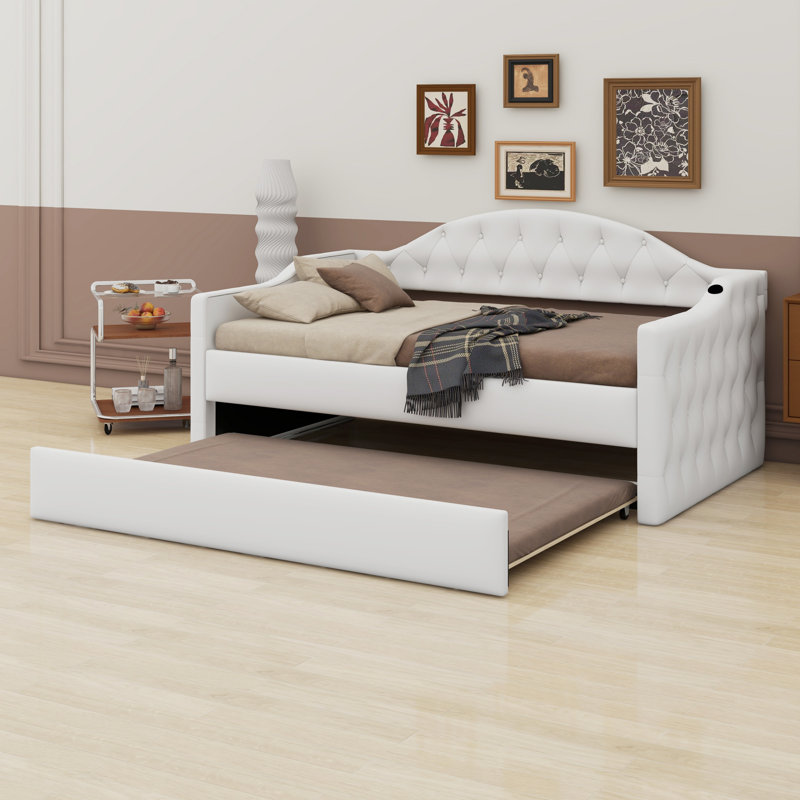Lit de jour capitonné capitonné avec couchette, avec ports de charge USB et Type-C, Beige