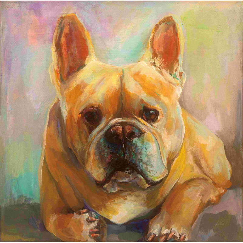 «Frenchie» par Jeanette Vertentes - peinture sur toile tendue, H 30 po x l 30 po, Non, Cadre flottant noyer