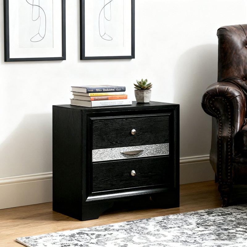 Table de chevet moderne avec 2 tiroirs, Noir