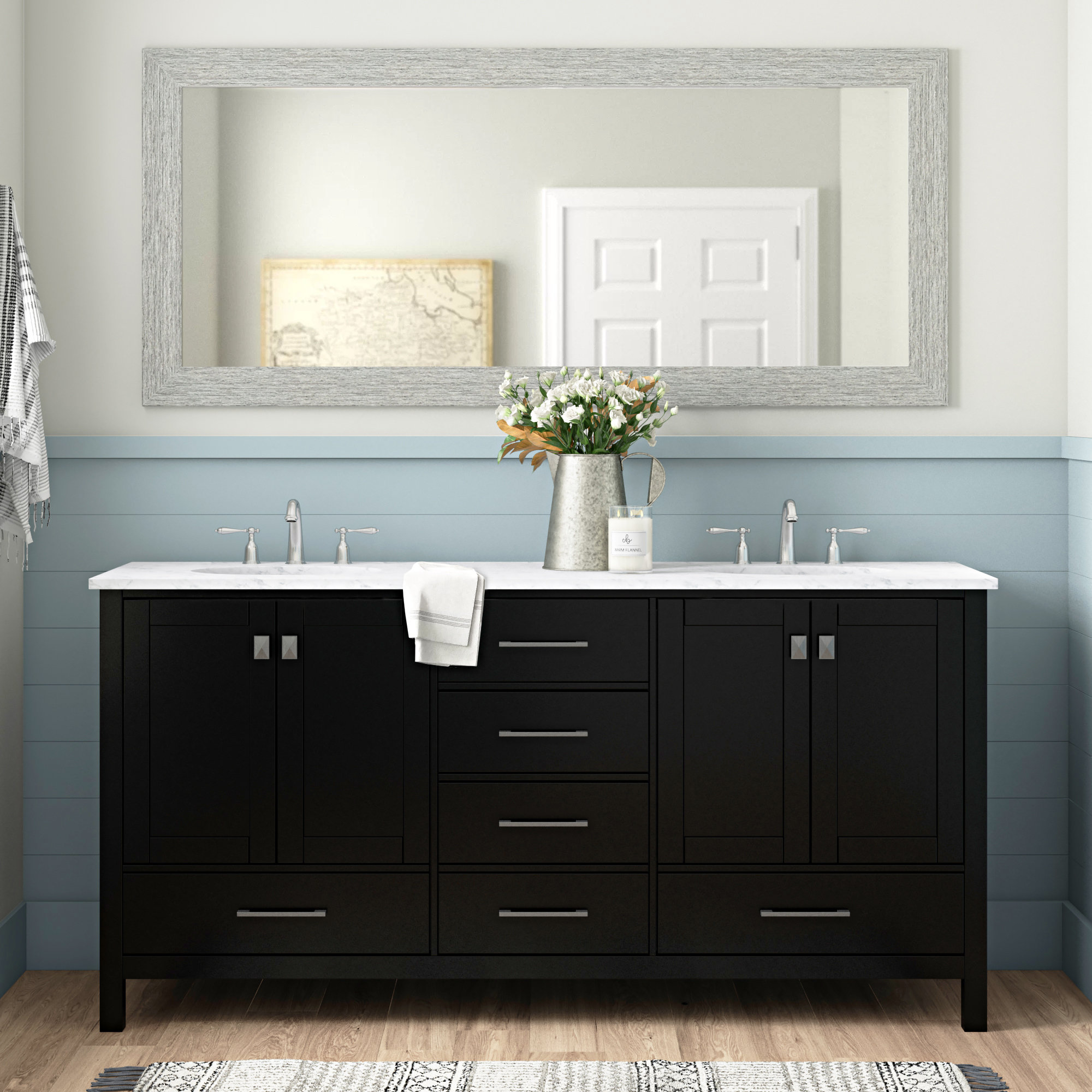 Irene 72'' Double Bathroom Vanity, Calacatta Quartz, Black
